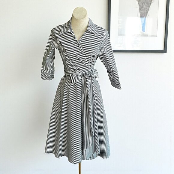 Doncaster Gray White Striped Full Skirt True Classic Wrap Dress - Picture 1 of 11